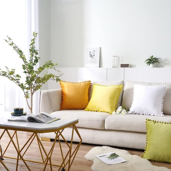Decorative Throw Pillow Covers with Pom Poms Soft Particles Velvet Solid Cushion - Picture 2 of 6
